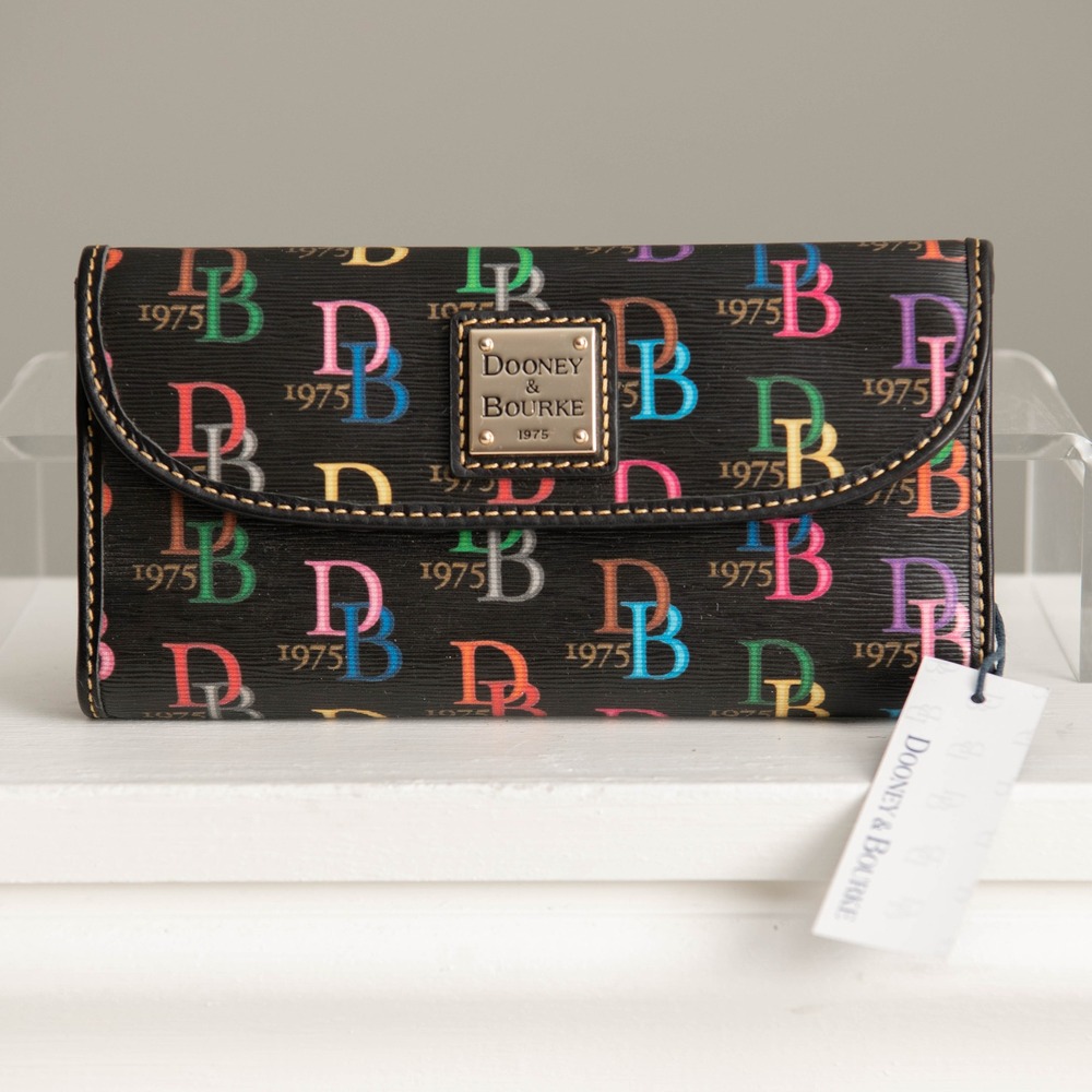 NEW Dooney & Bourke DB75 Multi-Color Monogram Wallet Rainbow on Black Retro Art